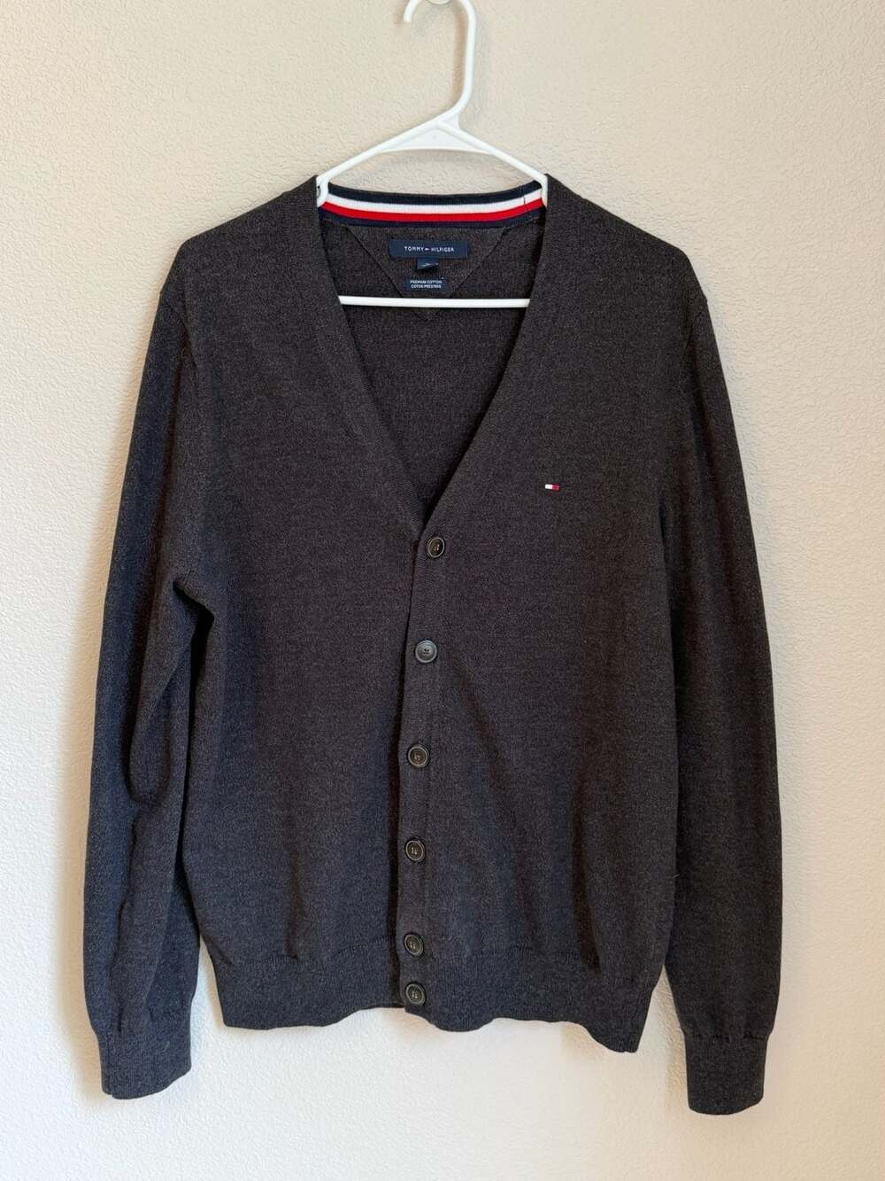 Tommy Hilfiger Men's Premium Cotton V-Neck Button Cardigan Dark Gray Heather